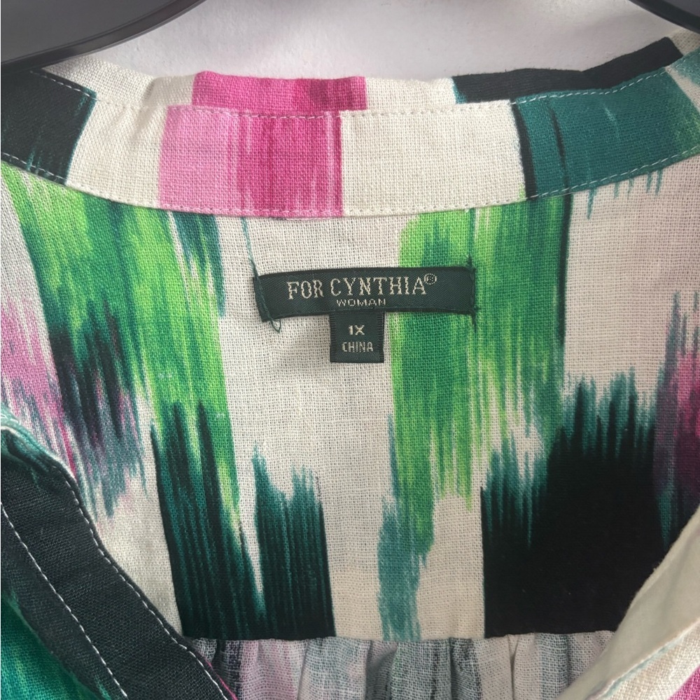 For Cynthia Linen Blend Brushstroke Blouse Multicolor 1X Tunic Artsy Abstract - Picture 4 of 5